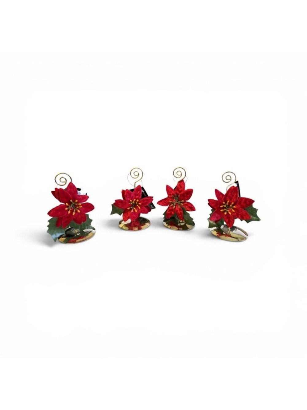 Set Of (6) Poinsettia Place Card Holders With Gold Swirl Design For Elegant Holi